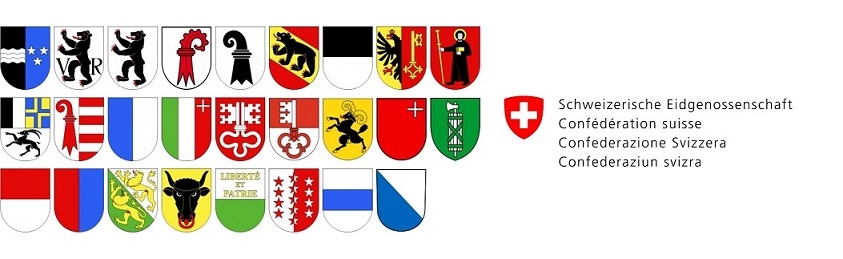 Drapeaux des cantons et logo de la Confédération suisse
